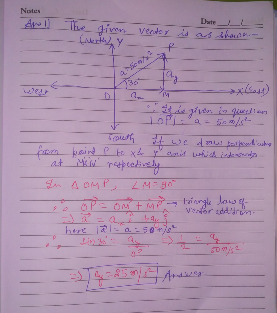 Notes Ans I The Date given vector is as shown- - (North Y La 50m/? X (East) It is given in question, South If we draww perpen