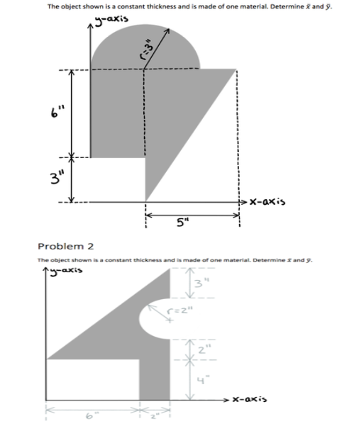 The object shown is a constant thickness and is made of one material. Determine X and . y-axis > x-axis Problem 2 The object