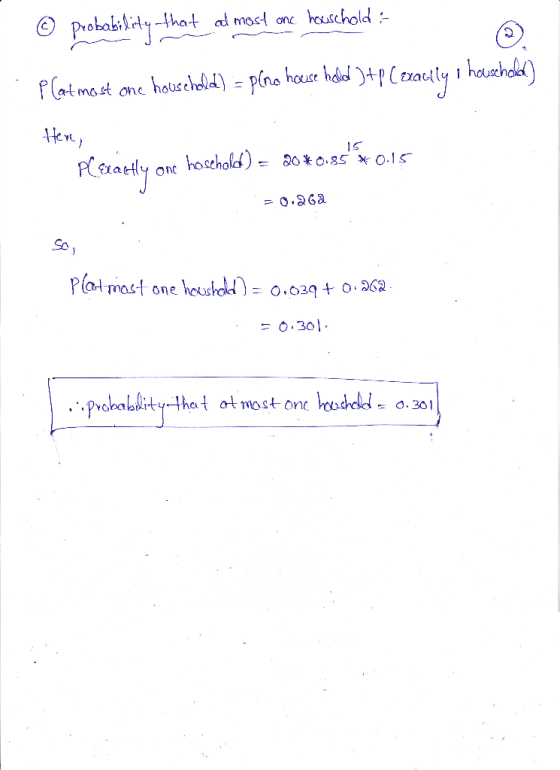 sability that ad most one houschold: Plat most one household) = plno house held )+p (Exactly , household) Here, Pl Exactly on