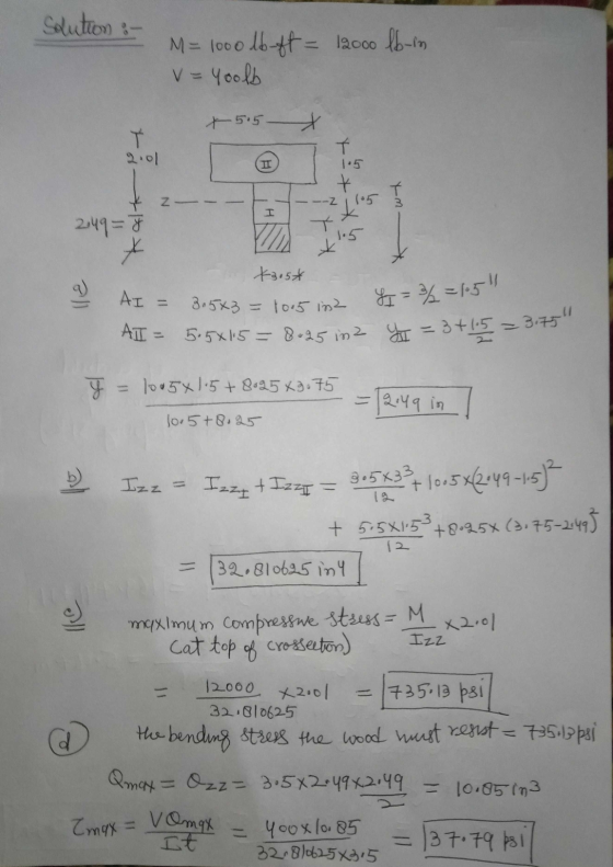 solution :- M= 1000 lb-ft= 12000 lb-in V=Yoolb x 515 x - - t -2 1105 N AN 2,497 *3.5* - a AI = 3.5x3 = 10.51 = 3% = 105 = 10