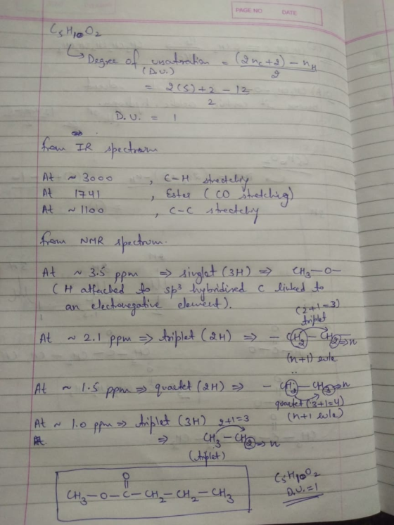 PAGE NO - DATE Cs HiO2 Degree of unatration & (Qucta) - nH (D.u.) S = 205)+2 - 12 D.U. = 1 from IR spectrom | At ~3000 E-H st