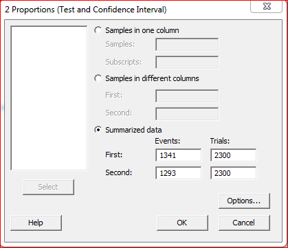 2 Proportions (Test and Confidence Interval) Samples in one column Samples Subscripts: C Samples in different columns First: Second: Summarized data Events: 1341 1293 Trials: 2300 2300 First: Select Help OK Cancel