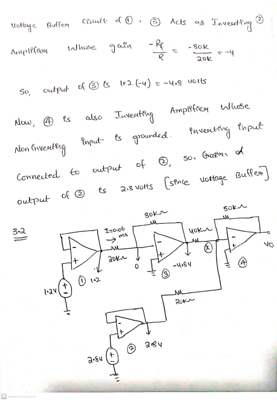 Ciscuit of O, Acts 2 Koltage Bulfees as Inveseling Inthose Amplifier -Rf gain -sok n 64 R 20 102 (4) = -408 = -4.8 uolts So o