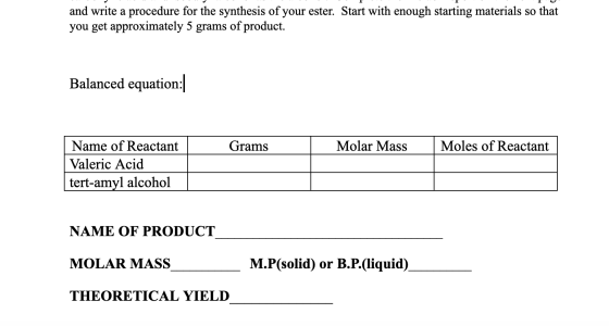 1 and write a procedure for the synthesis of your ester. Start with enough starting materials so that you get approximately 5