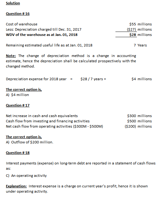 Solution Question # 16 Cost of warehouse Less: Depreciation charged till Dec 31, 2017 WDV of the warehouse as at Jan. 01, 201