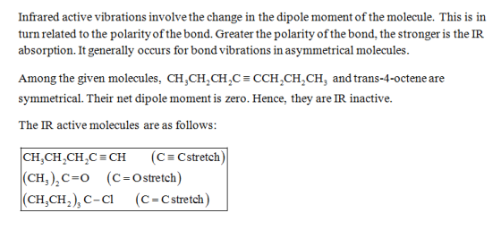 Infrared active vibrations involve the change in the dipole moment of the molecule. This is in turn related to the polarity o