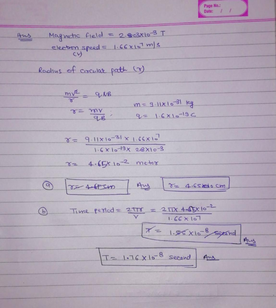 Page No.: Date: Magnetic-eelol s 2-2 eleetonspeed 1.cexto, mis CV) Realus of cisculat pat ) 企 Ti 冠