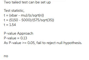 Two tailed test can be set up Test statistic, t = (xbar-mu)/(s/sqrt(n)) t = (5150 - 5000)/(575/sqrt(35)) t = 1.54 P-value App
