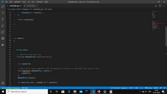 File Edit Selection View Go Run Terminal Help hashtable.cpp -project-api - Visual Studio Code х نہا } E. { E- hashtable.cpp X