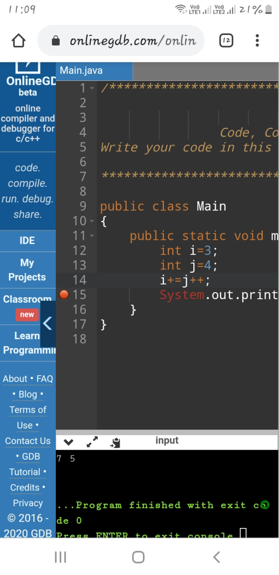 11:09 LTE LYC2 || 21% onlinegdb.com/onlin 12 1- /**; Main.java OnlineGD beta 2 online compiler and 3 debugger for 4 Code, cd