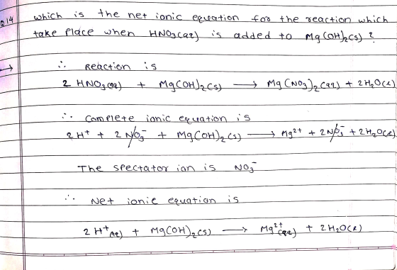 which is the net ionic equation for the reaction which take place when HNOscar) is added to mg (OH)₂ (s) ? Reaction is | 2