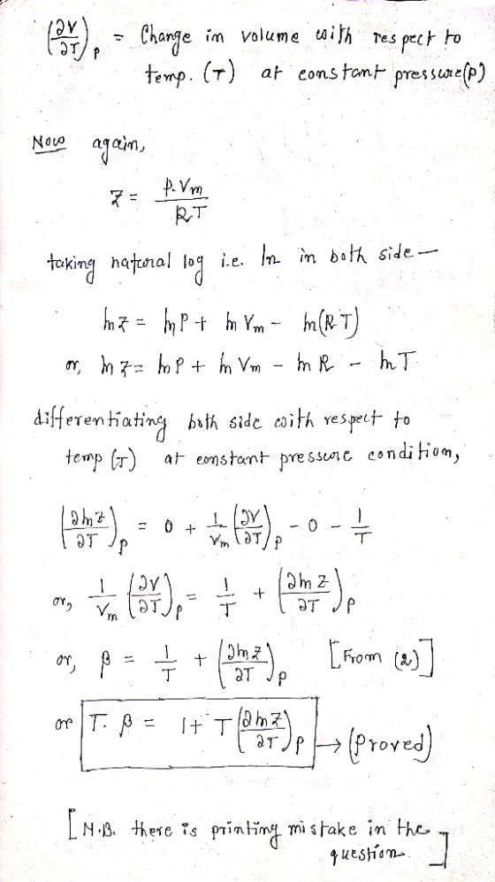 Change im volume 4ih res pect temp. (T at cons tamt pressurefp) to Novo RT toking hatora! differen tiating bth side with vesp