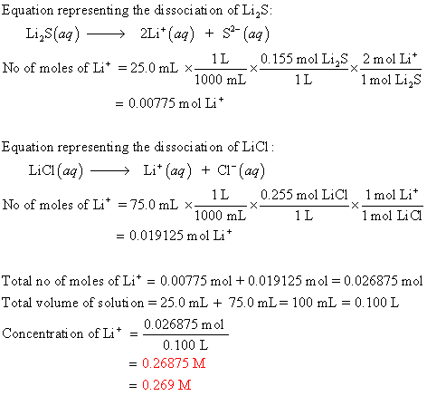 Equation representing the dissociation of Li,S: Li,S(aq) + 2Li*(aq) + S2- (aq) 1L 0.155 mol Li,S 2 mol Li No of moles of Lit