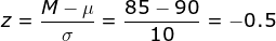 z = \frac{M -\mu}{\sigma} = \frac{85 - 90}{10} = -0.5