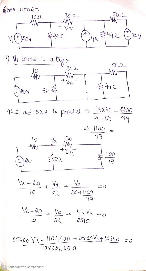 Given circuit, lor 502 302 Mt M of ve LM VOROV S O 4 44.2 G 4V :) Vi source is acting : 5012 Jo 30.12 turi ²442 20v 22 h 442