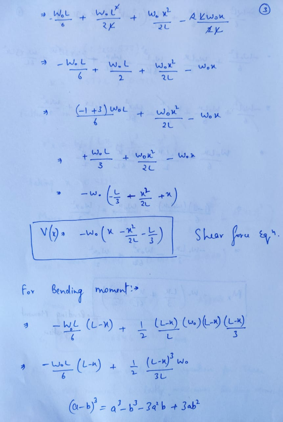 W.xt A kwon 2L W. L W.L Wox? Won 6. 2. 2L (-1 +3) WOL Wout Wok 3 - W. 2L v(). -.(* -) Shear foru -Wo 2L for Bending moment:>