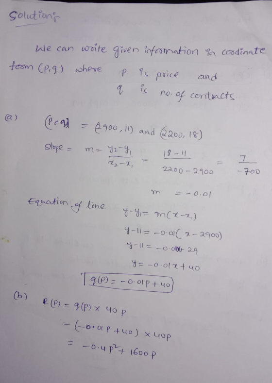Solutions We can write given information om coodinate foom (Pig) where and q no. of contracts. P e is price @) (P cod = $900,