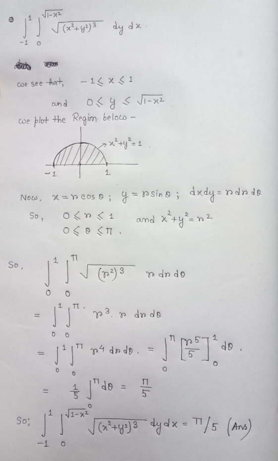 1-72 e 1 √(x²+42) 3 dy dx -1 os we see that, - 1<x< 1 and os y < J1-x2 we plot the Region below >x+y=1 1. Now, X = n cos o ;