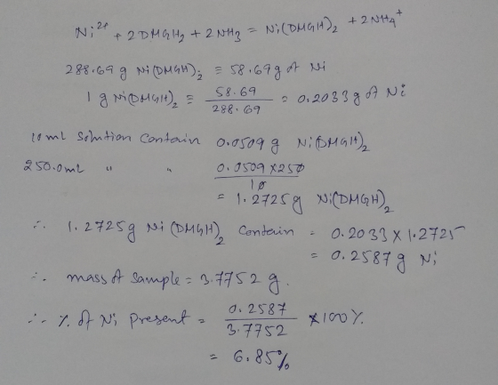 2P N21 & 2 DMGHz + 2NH3 = Ni (DMG GH₂ + 2NH3 = N; (DMGH)2 + 2 Nity + 288.69 g Ni (DMGH)₂ = 58.69got ri IgNOMGH) = 58.69 & 0.2