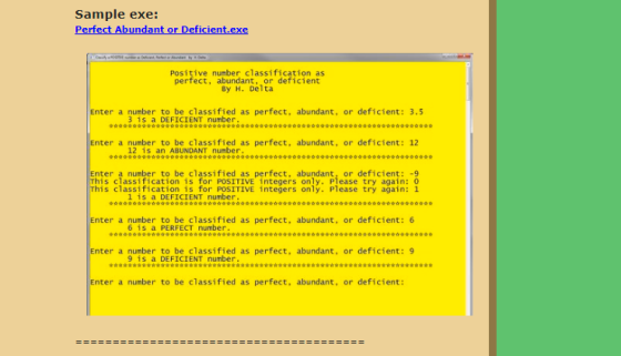 Sample exe: Perfect Abundant or Deficient.exe Positive number classification as perfect, abundant, or deficient By H. Delta E