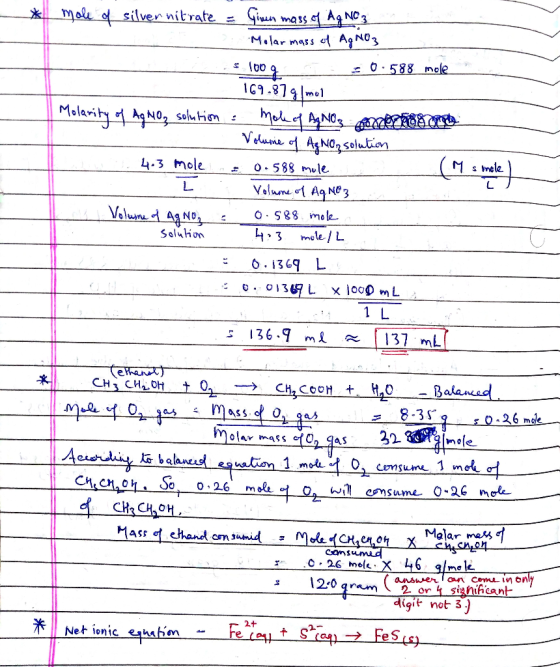 * s 100 g mole of silver nitrate = Giren mass of Ag NO 3 Molar mass of AgNO3 0.588 mole 169.879|mol arity of Ag No, solution