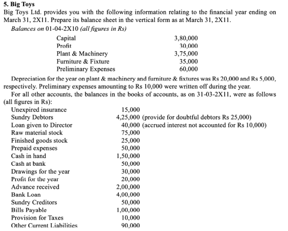 5. Big Toys Big Toys Ltd. provides you with the following information relating to the financial year ending on March 31, 2X11