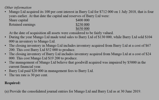 Other information • Mungo Ltd acquired its 100 per cent interest in Barry Ltd for $712 000 on 1 July 2018, that is four years