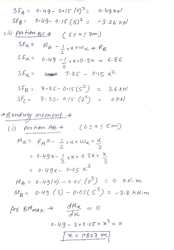 SFB SFA = 0.4g. On 15 (0)2 = 0.49 kn 0.49-0.15 (5)2 = -3.26 kN cil portion BCA (5<x< 7m) SFxa - 1 x x x W x + RB s fra 0.49 -