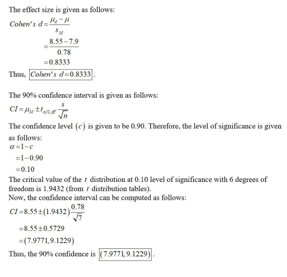 The effect size is given as follows: U Cohens d-M SM 8.55-7.9 0.78 =0.8333 Thus, Cohens d=0.8333). The 90% confidence inter