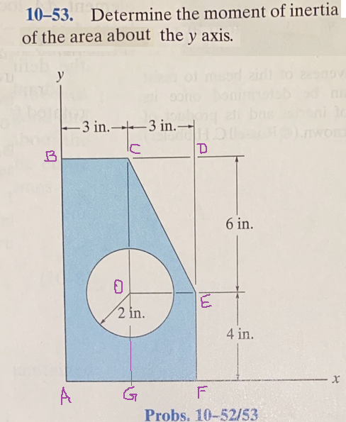10–53. Determine the moment of inertia of the area about the y axis. у 3 in.3 in.-- D B 6 in. 0 E 2 in. 4 in. X А F Probs. 10