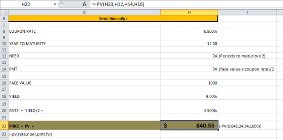 H22 fic --PV(H20, H12, H14,H16) Semi Annually: 8 COUPON RATE 6.800% 12.00 24 (Periods to maturity x 2) 10 YEAR TO MATURITY 11