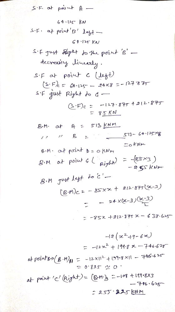 S.F. at paint A 64.1% KN sofo at point B left- 691129 KN SiF just Right to the point B - decreasing linearly sif at point