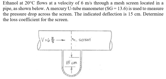 Ethanol at 20°C flows at a velocity of 6 m/s through a mesh screen located in a pipe, as shown below. A mercury U-tube manome