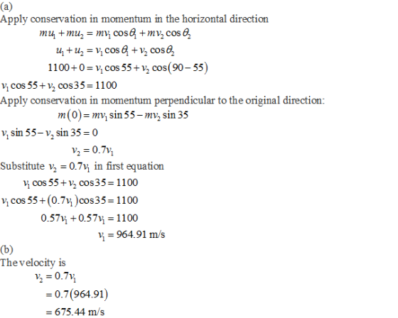 Apply conservation in momentum in the horizontal direction 1100+0-v,cos 55+v cos(90-55) v, cos 55 + cos35 1100 Apply conserva