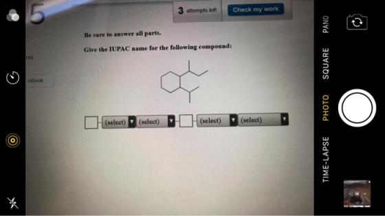 3 attempts left Check my work PANO Be sure to answer all parts. Give the IUPAC name for the following compound: nts SQUARE PH