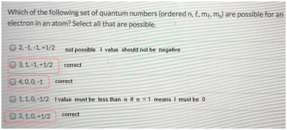 Which of the following set of quantum numbers (ordered n, l, m, ms) are possible for an electron in an atom? Select all that