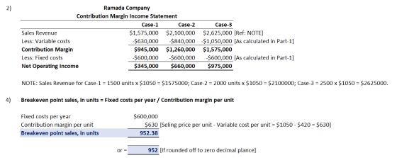Ramada Company Contribution Margin Income Statement Case-1 Case-2 Sales Revenue $1,575,000 $2,100,000 Less: Variable costs $6