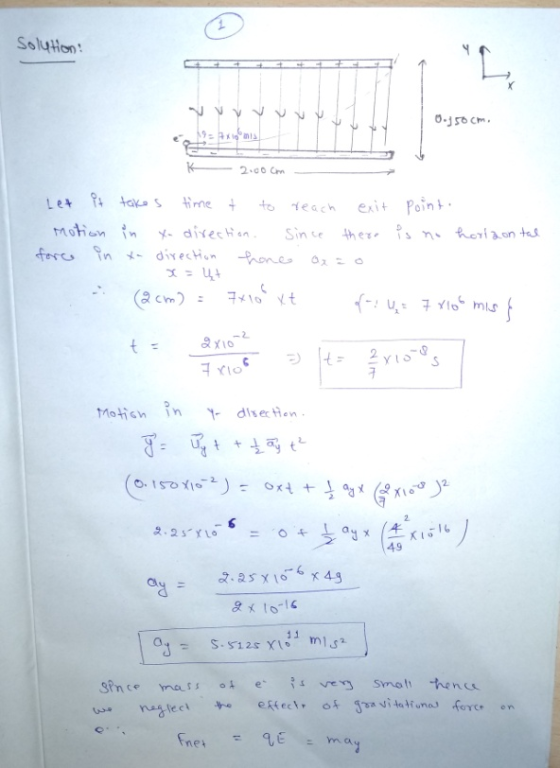 Solution: 0.150 cm. K 2.00cm let it takes time t to reach exit point. Motion in xa direction. Since there is no horizontal fo