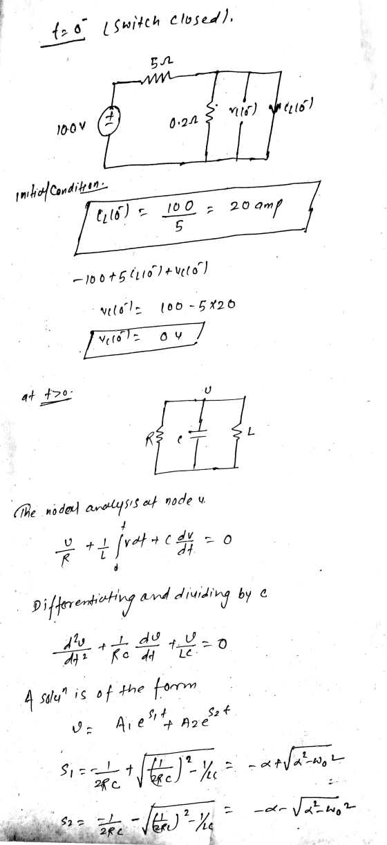 too Iswitch closed), Бл b . Oian § nir) hallol 100V initial condition 10.10) 5 100 = 20 amp : 5 -100+502107+UeCOV ..Melonta 1