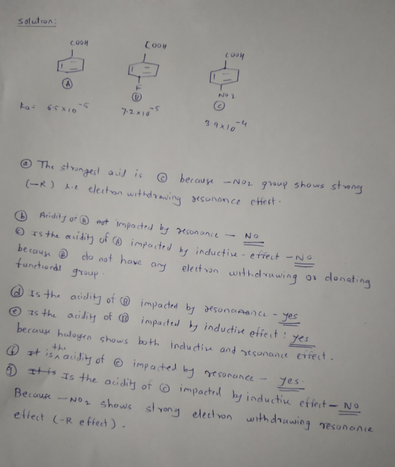 Solution: COOH COSH A No 2 7.2 x 10 tas 39X10 The stronges acid is because-No1 goup shows strong (R) e eleiton withda awing d