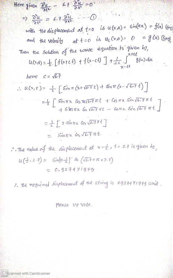 xtet 2-et- Hene given Bu - 6.7 24 o re =are = 6.7 ans ---0 with the displacemeut at t-o is U (2,0) = sim(tx) = f(x) (says and