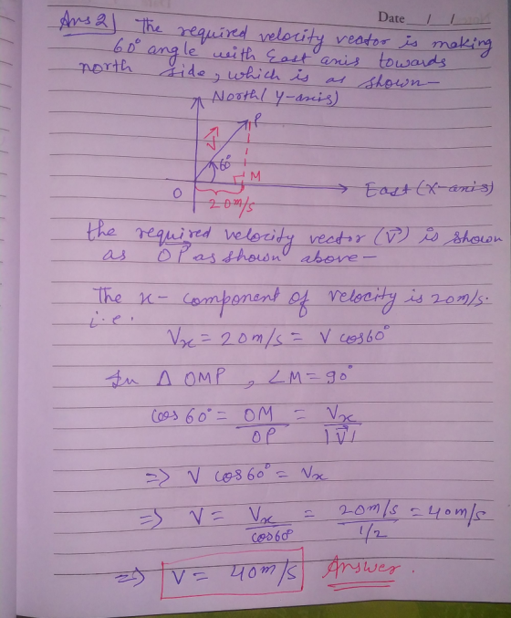 Date Lot Ansa The required velocity vector is making 60 angle with East anis towards north side, which is as shown North/ y-a