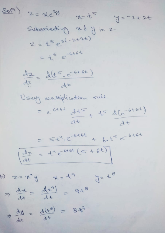 Som) 2=ney Substituting at n=ts y=2+2t J in z. 2=ts e3(-2+2t) =ts e 6+6+ dt dits é 6+ 6t ) dt Using multiplication rull + ts