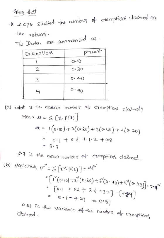 Given that lax retun Exemptions Pexcent O 10 0 30 0.40 2 4 2: is the meen oumbey ot eenptio clatmeal ĮXs.io)t) (o.3o)-t 3 vCo