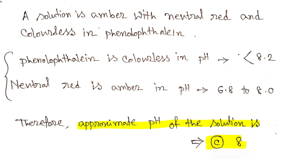 A solution is amber with neutral red and Colourdess in phenolophthalein n phenolophthalein is colourless in pH >.< 8.2 Neutr