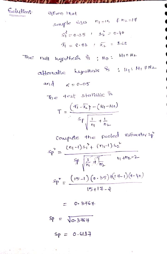 Sciulion. Given that Suuple sizes 11:15 12=14 si=0.35 so = 0.40 = 5:43 , Z = 8.68 The null hypothesis is : Ho : HICHI alter