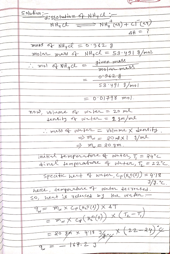 Puye solution - Tissotution of N Hych: NHC - बोन ) AH = ? mess of NH y cl = 0.962 g molar mass of N Hy cl = 53.491 g/mol, mol