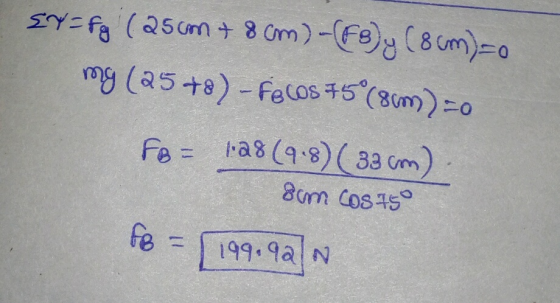 Sy=fg (25cm + 8 cm)-(FB)y (8cm)-o mg (25+8) - Focos +5°(80m) =0 Fo= a8 (9.8) ( 33 cm) 8cm cos.750 fe = [199.90 N