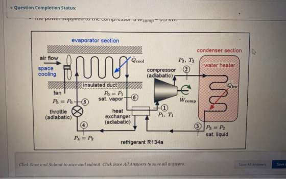 Question Completion Status: TIC POVCT UPPITCOTTE CUTTPUT TV compJ.. evaporator section condenser section air flow Qcool sp