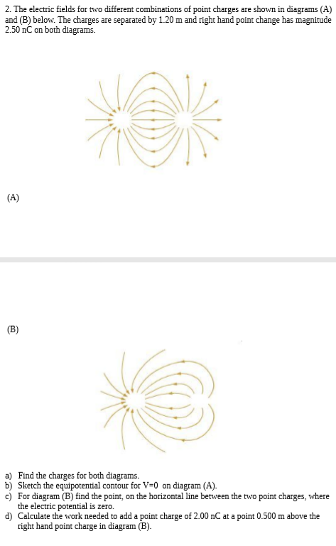 2. The electric fields for two different combinations of point charges are shown in diagrams (A) and (B) below. The charges a